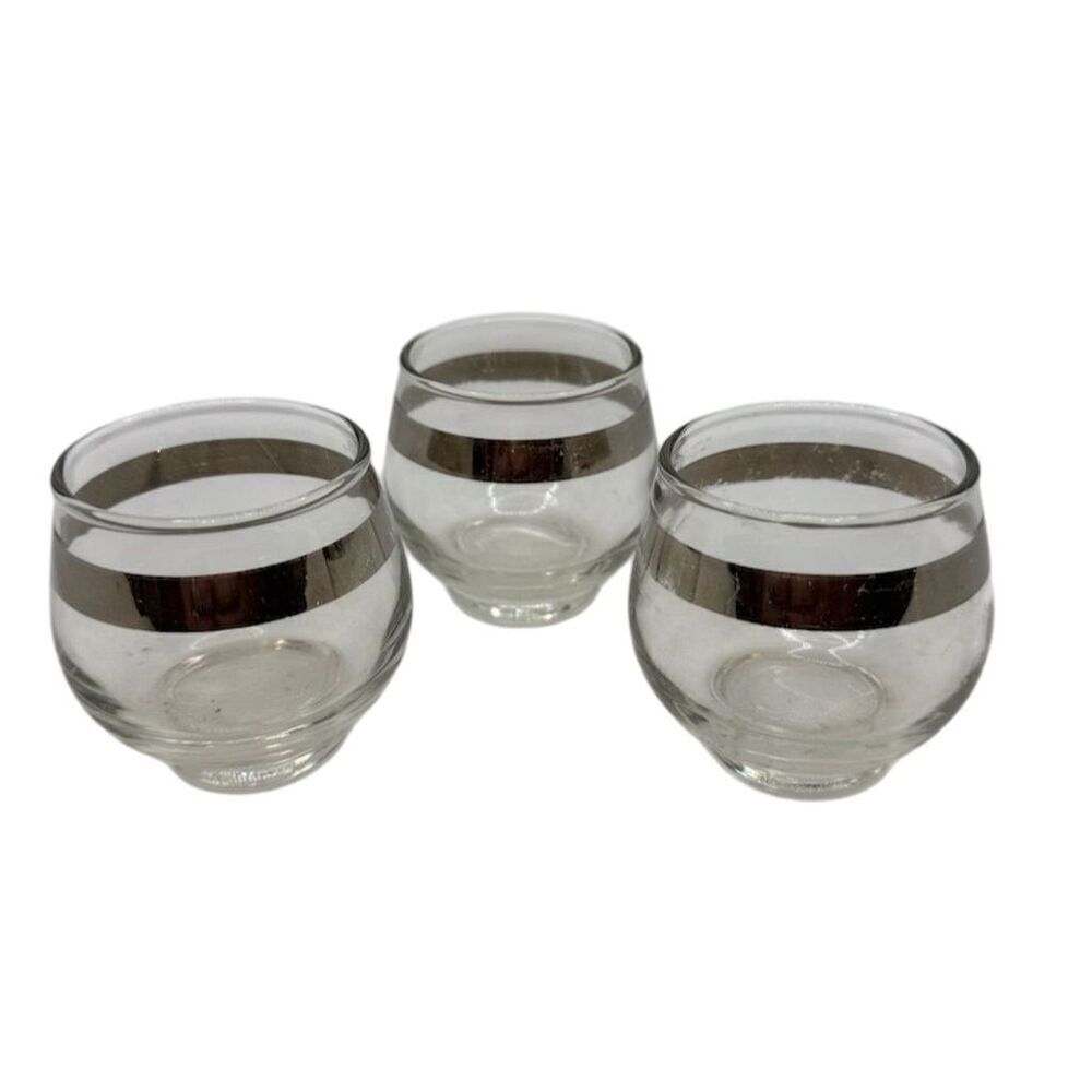 Libbey Roly Poly Glass Set Silver Band Vintage 3